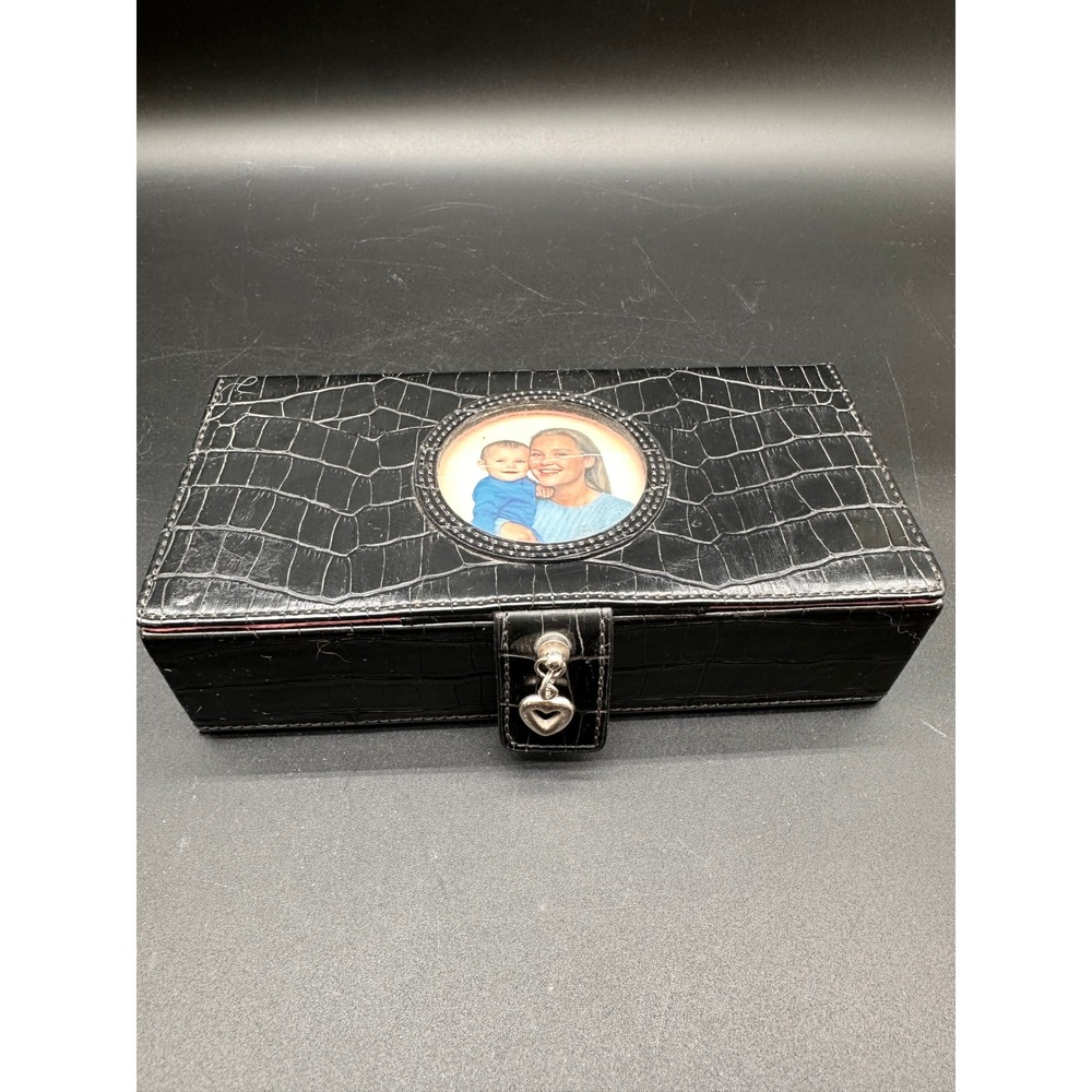 Vintage Faux Crocodile Jewelry Box Black Pink Interior Heart Charm Photo Frame